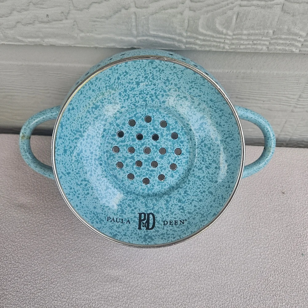 Paula Deen Small Colander Pasta Strainer Robin Egg Blue Speckled Handles
